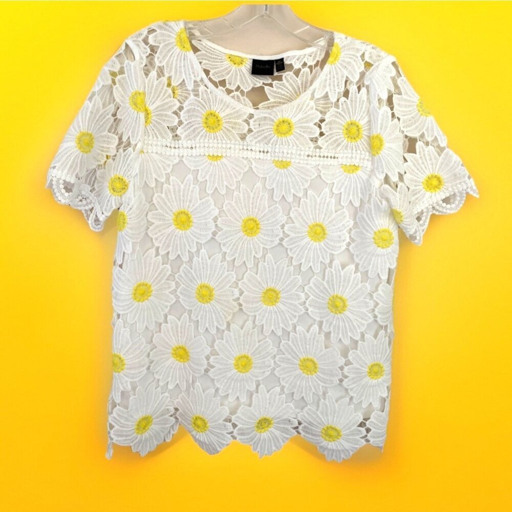 Rafaella Crochet Daisy Top Women's Petite Small Yellow Sheer Colorful Dopamine